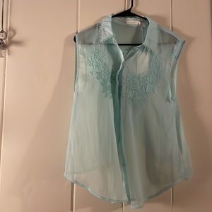 LUSH light blue sheer button down tank with open back detail